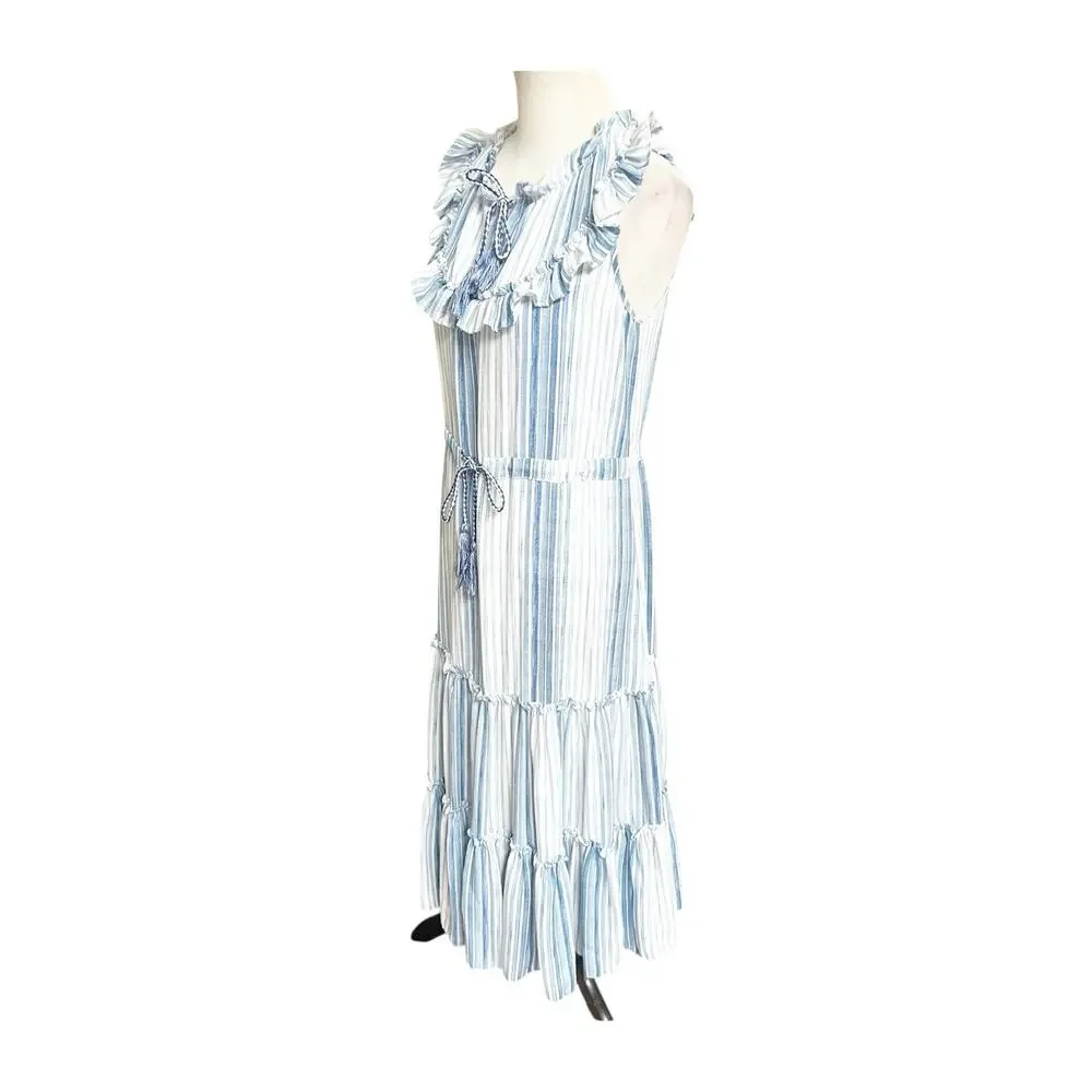 MISA Los Angeles Medium Aleja Stripe Print Linen Midi Dress White Blue Tassel